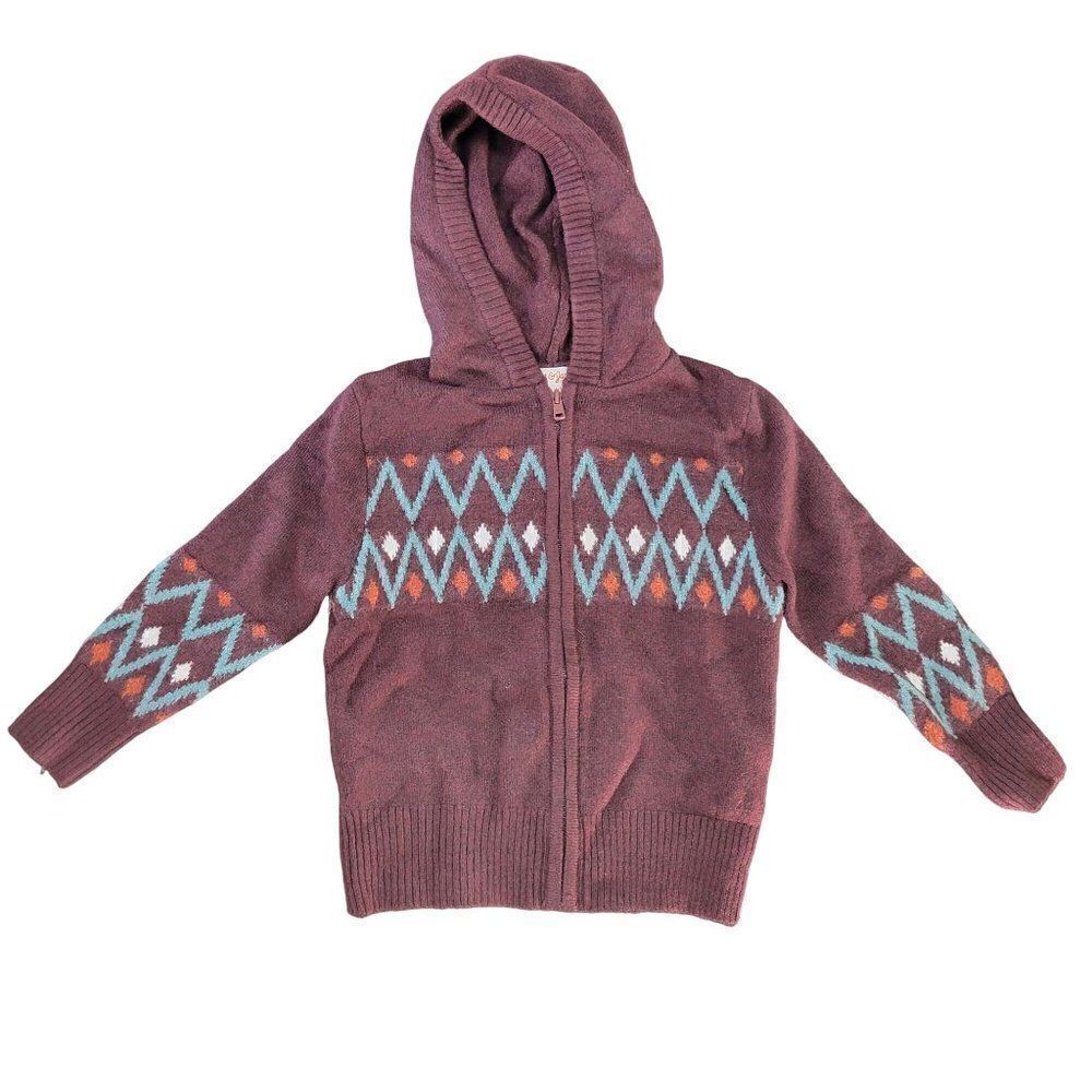 Cat & Jack Burgundy Fair Isle Hooded Full-Zip Cardigan Sweater Sz S